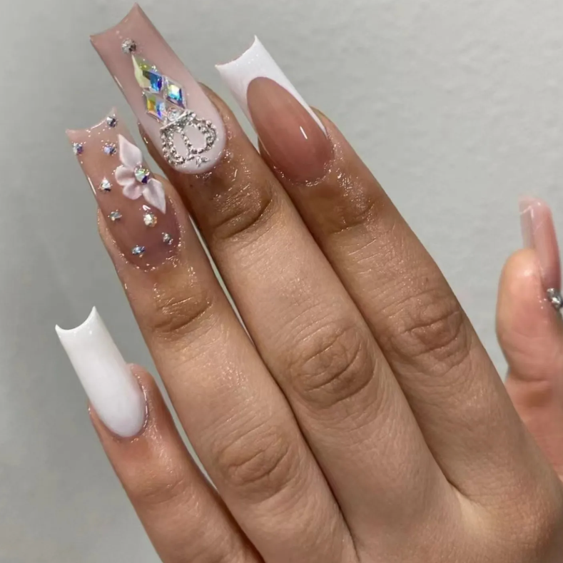 Reign | Medium Square Fancy Nude Bling Nails