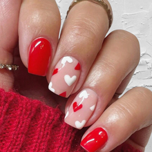 Load image into Gallery viewer, short red square nails with red and white hearts
