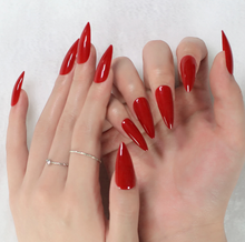 Load image into Gallery viewer, BRIGHT RED STILETTO LONG FAKE NAILS, RED NAILS, LONG RED NAILS, RED PRESS ONS

