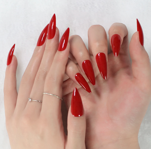 BRIGHT RED STILETTO LONG FAKE NAILS, RED NAILS, LONG RED NAILS, RED PRESS ONS