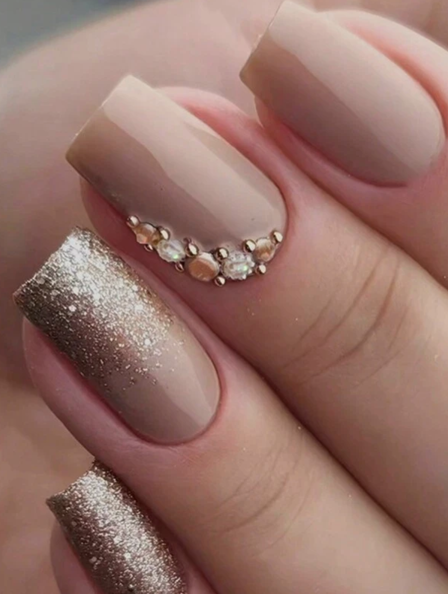 Cecelia | Medium Nude Square Gold Rhinestone Glitter Nails