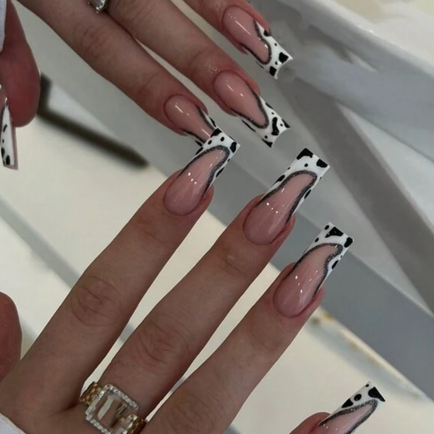 Side Chick | Extra Long Cow Print Abstract French Nails