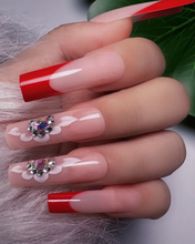 Load image into Gallery viewer, Rosita | Extra Long Square Red French White Flower Nails
