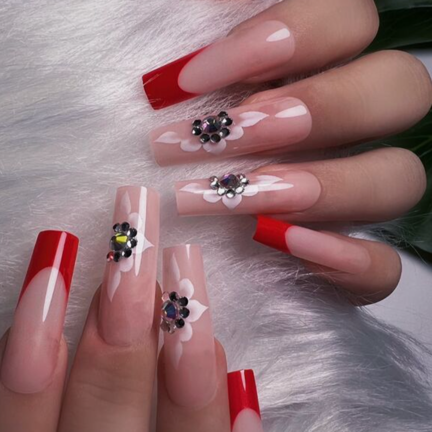 Rosita | Extra Long Square Red French White Flower Nails
