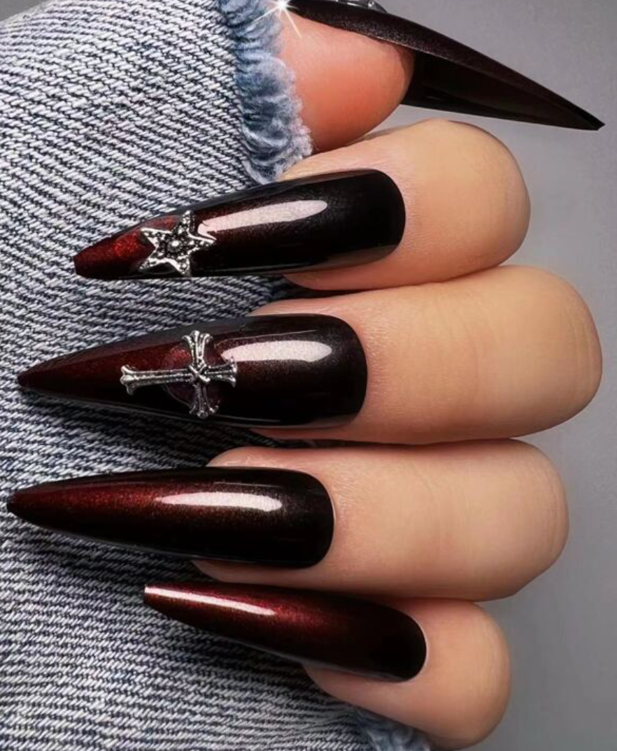 Fortress | Extra Long Stiletto Burgundy Silver Charm Nails