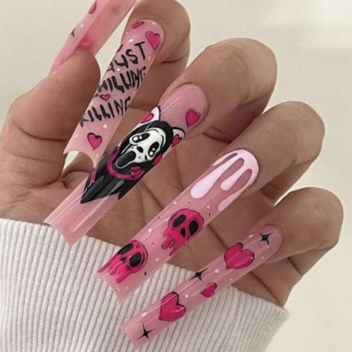 2xl square pink ghostface heart nails