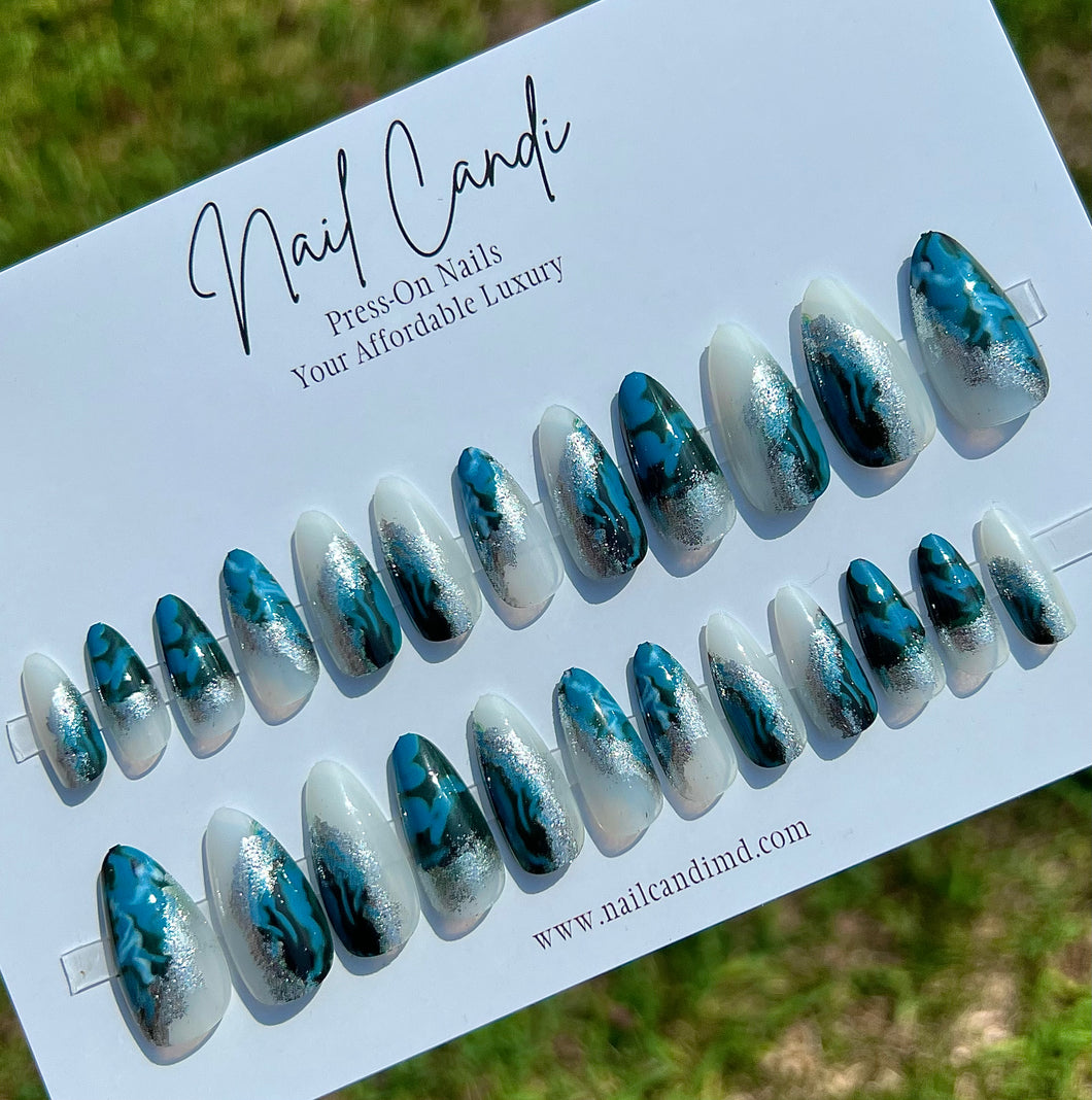 Winter | Medium Almond Frost White Blue Marble Nails