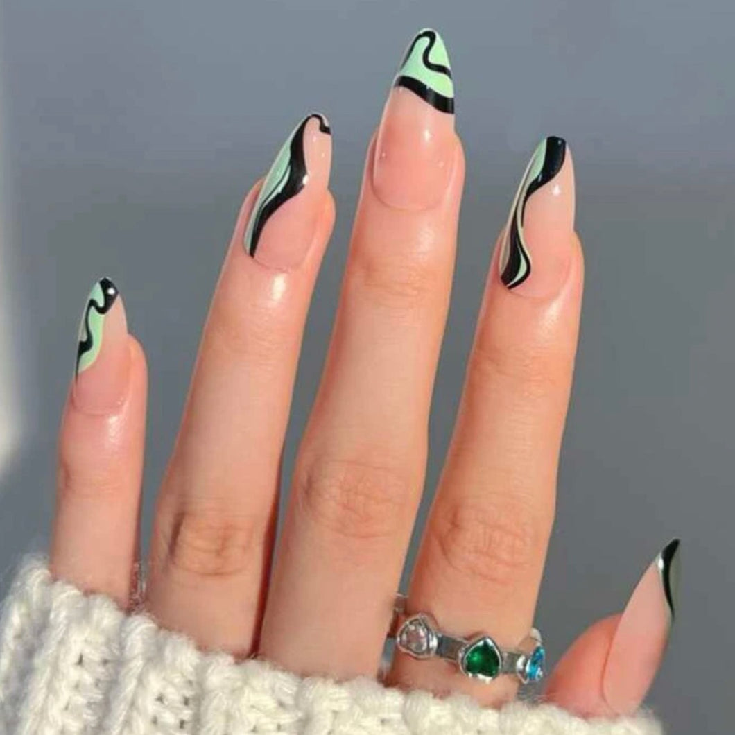 Amazon.com: Black Green Press on Nails Short Medium Square DOCVOEOMH, Fake  Nails with Art Doodles Design Luxury Acrylic False Nail Stick Glue on Nails  for Women-24PCS : Beauty & Personal Care