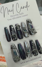 Load and play video in Gallery viewer, Handmade Long Coffin Silver Chrome Cateye Goth Nails
