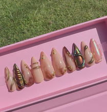 Load and play video in Gallery viewer, Handmade Long Stiletto Nude &amp; Brown Stud Nails
