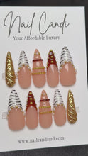 Load and play video in Gallery viewer, Handmade Long Stiletto Zebra Pearl Gold Bangle Nails

