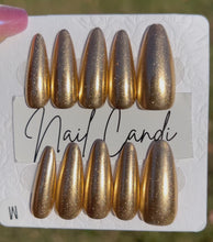 Load and play video in Gallery viewer, Handmade Long Gold Chrome Almond Nails
