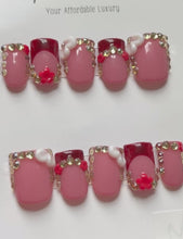 Load and play video in Gallery viewer, Handmade Short Square Burgundy &amp; White 3D Flower French Nails
