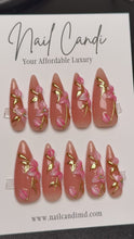 Load and play video in Gallery viewer, Handmade Long Stiletto Pink &amp; Gold Floral Nails
