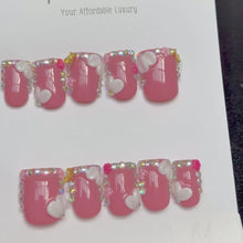 Load and play video in Gallery viewer, Handmade Short Square White Pink &amp; Gold Butterfly Nails
