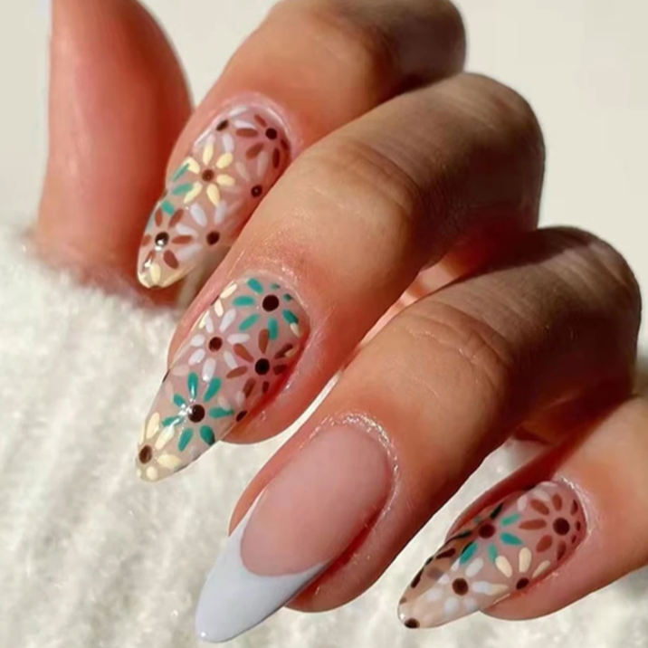 Amelia | White French Multi-Colored Flower Nails