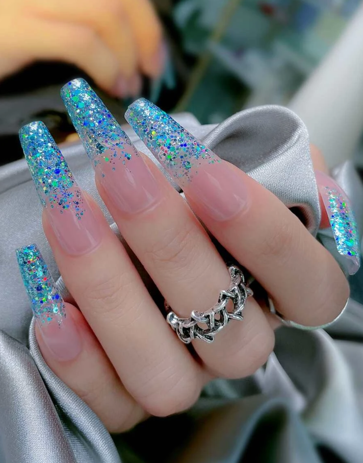 Aqua Glitter | Long Glitter French Nails