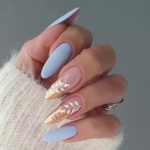 Baby blue gold white leaf nails almond shaped