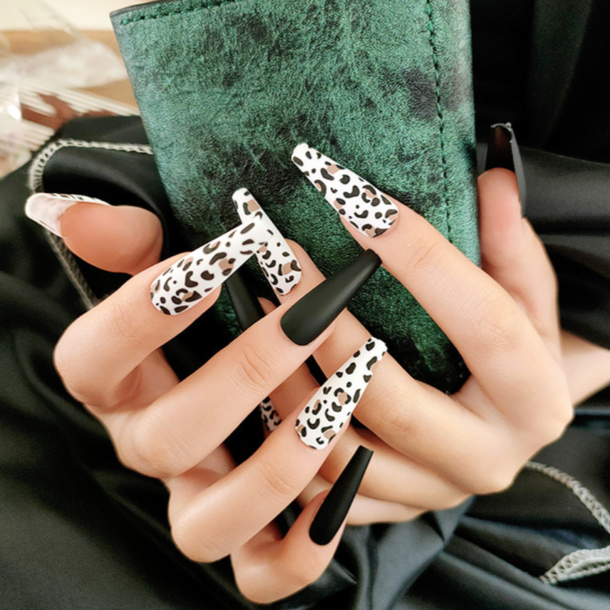 Black Leopard | Black White Leopard Press On Nails