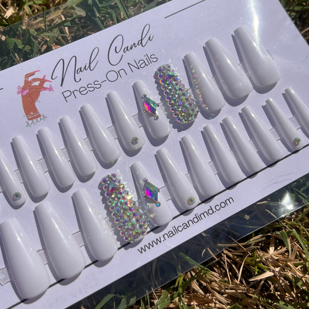 Long white coffin press on nails with crystal designs accent nails