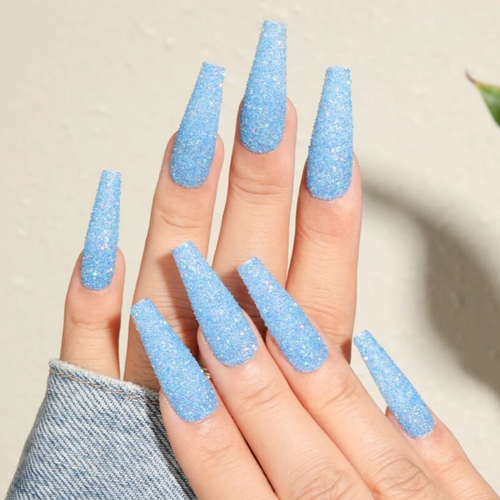 Solid light blue glitter press on nails