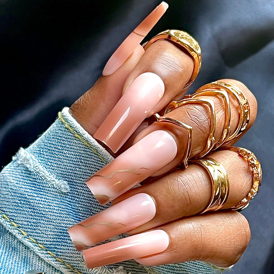 Brown Suga | Extra Long Square Brown Ombre Marble Nails