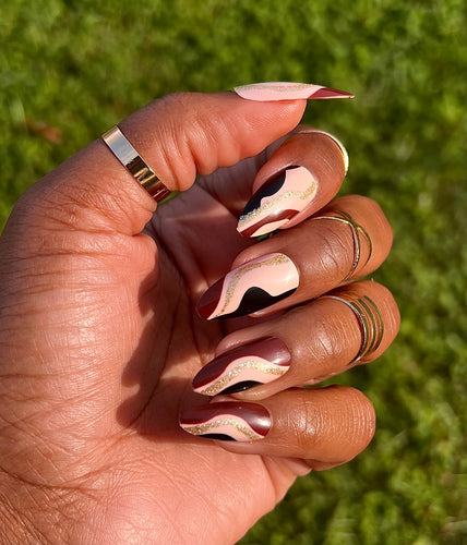 Fall press on nails, medium almond brown nude black gold nails