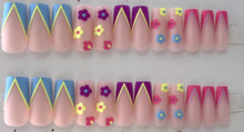 Load image into Gallery viewer, blue purple pink french nails with flower accent nails in same colors | Caroline
