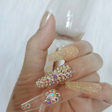 Load image into Gallery viewer, Champagne Kisses | Clear Jelly Gold Glitter Rhinestone Nails
