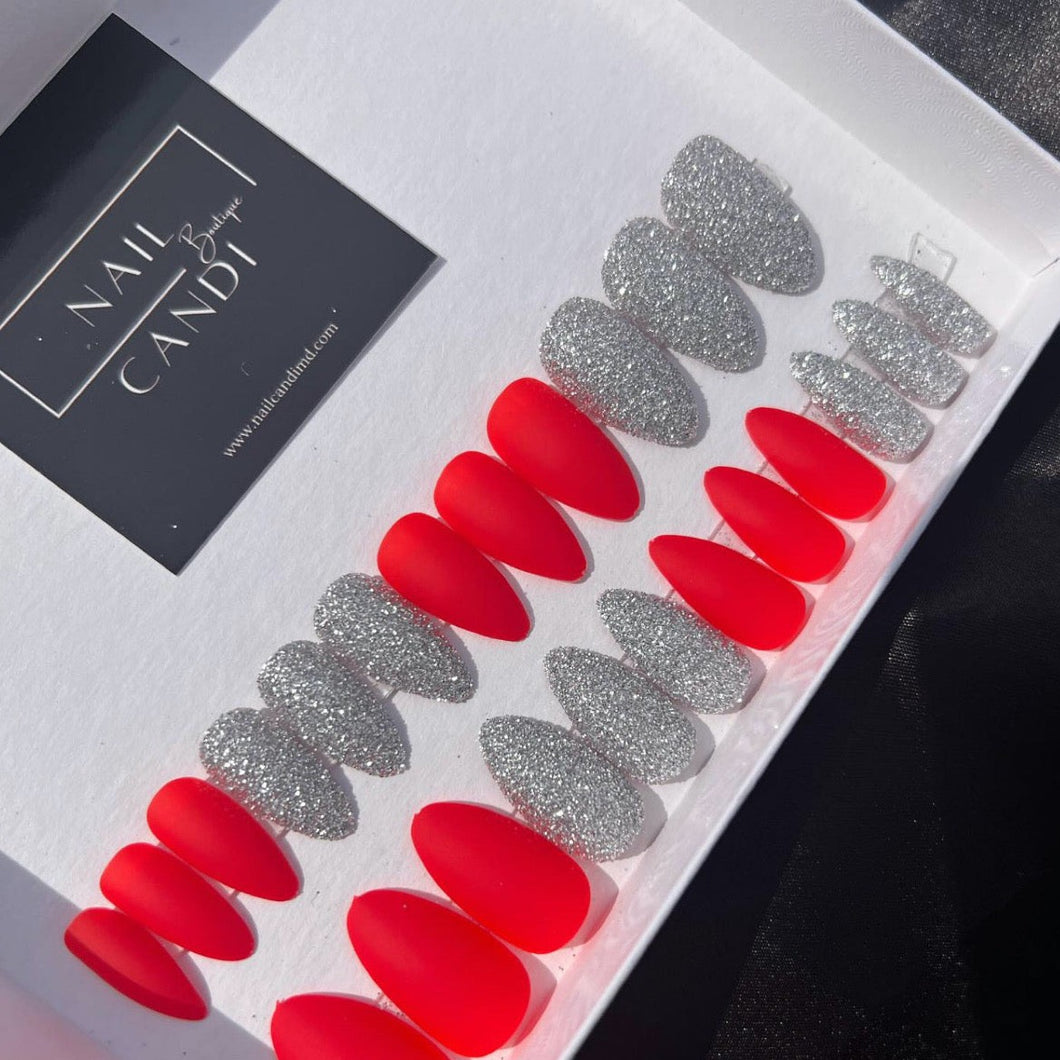 Tamale Sparkle | Red Silver Glitter Nails