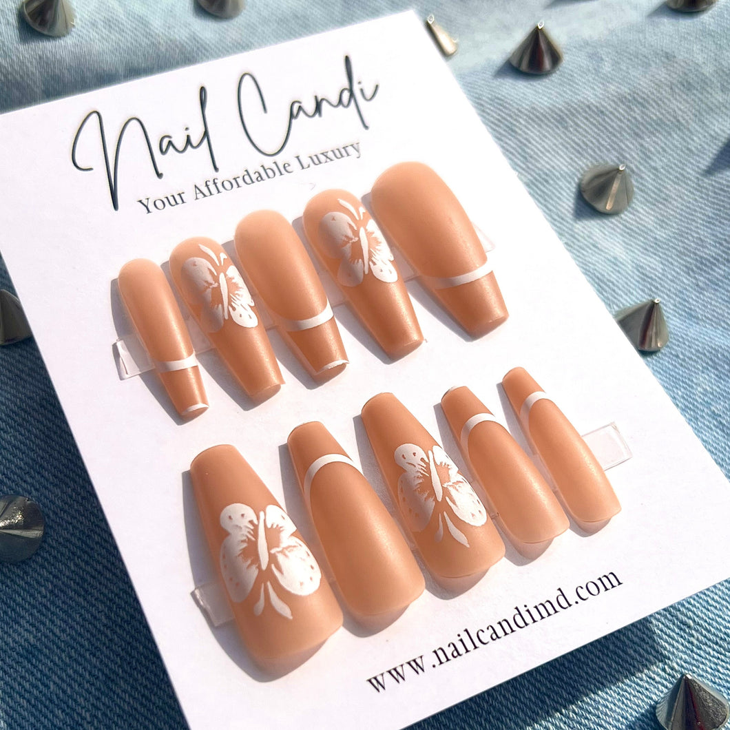 French Me | Nude White Flower French Striped Nails