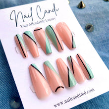 Load image into Gallery viewer, Nude, Mint Green &amp; black stripe long coffin press on nails with abstract design
