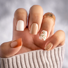 Load image into Gallery viewer, brown nude and cream nails with floral accent nails

