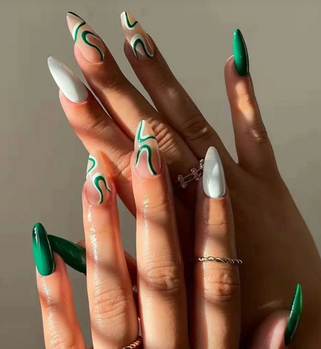  Solid Green & White w/ Swirl Accent Press on nails. Green almond shape press on nails