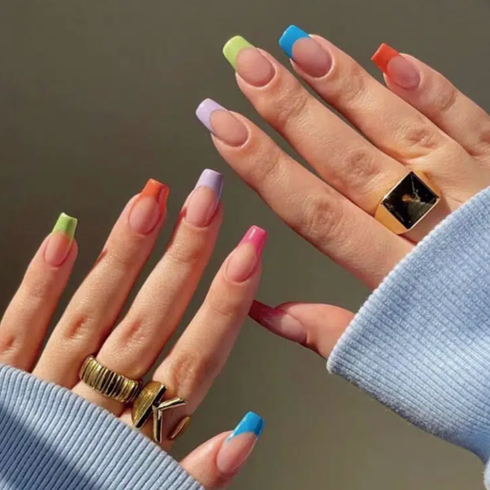Multi-colore french medium length square press on nails