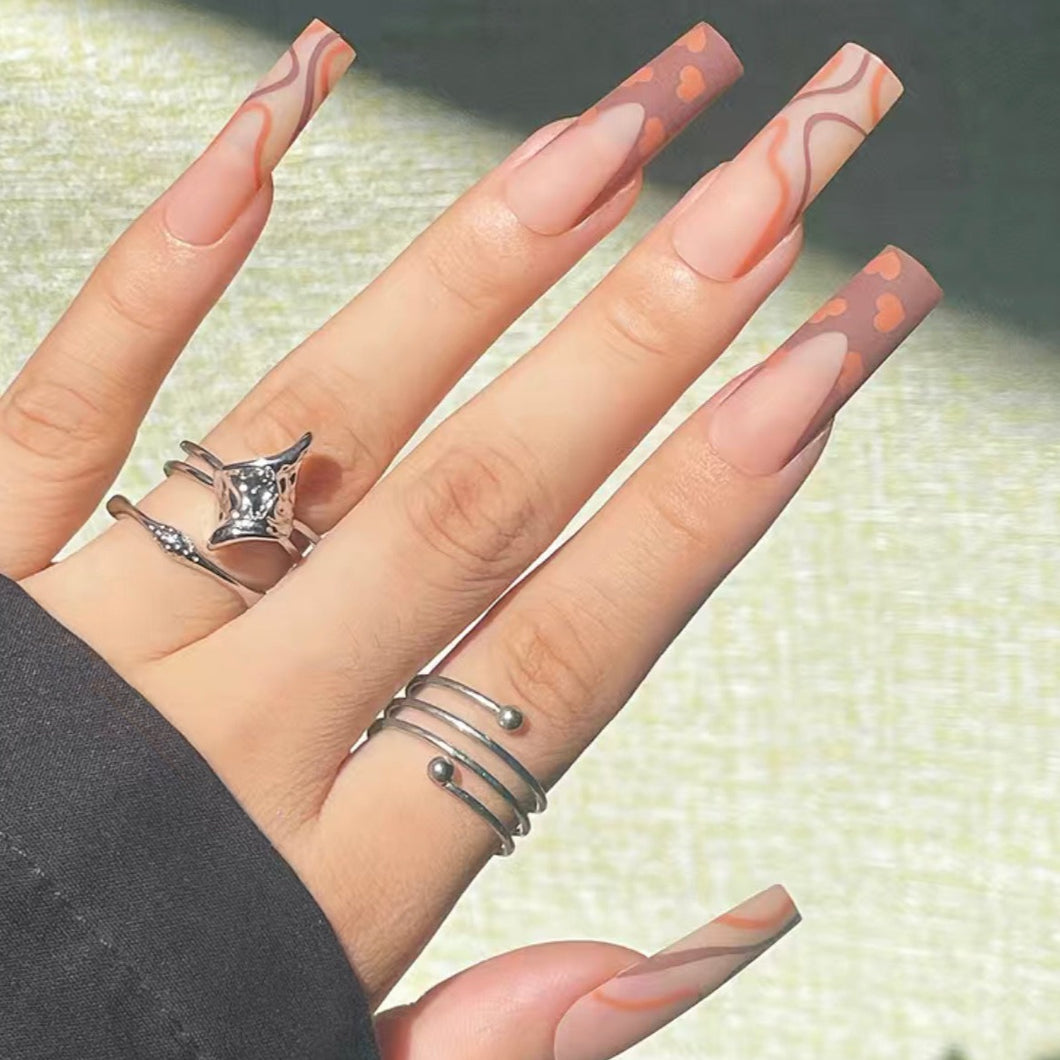 Honey | Extra Long Square Brown Heart Nails