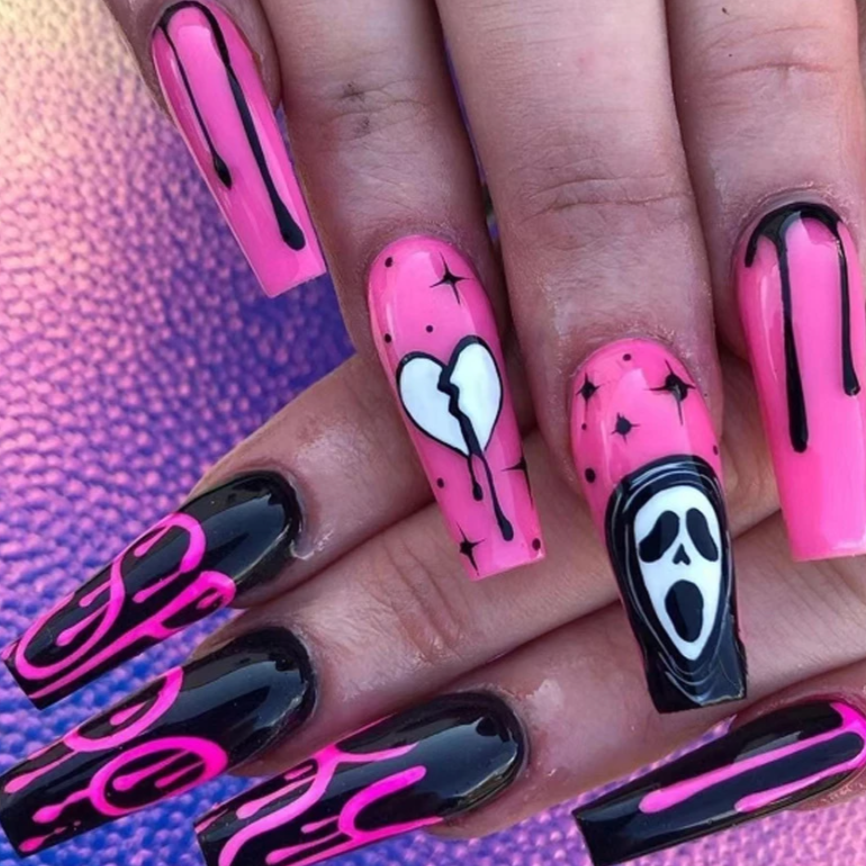 Scream | Hot Pink Black Scream Ghost Nails