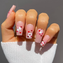Load image into Gallery viewer, Long pink nails with red hearts coffin shape nails. Valentines day press-on nails
