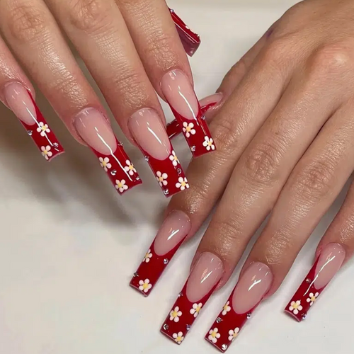 Long red french nails with flowers and rhinestones. long red french press-on nails