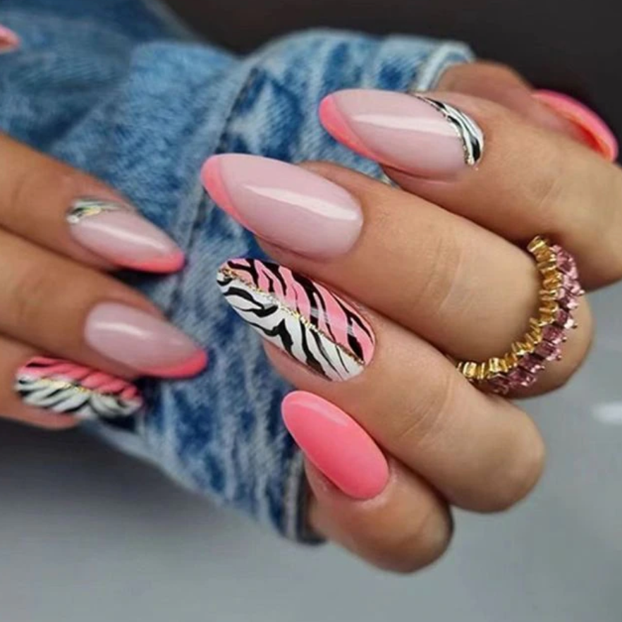 Savannah | Medium Almond Pink Zebra Print Nails