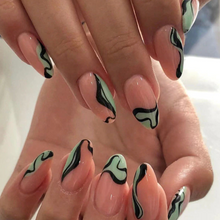 Load image into Gallery viewer, Jasmine | Medium Almond Nude Green Black Swirl Nails
