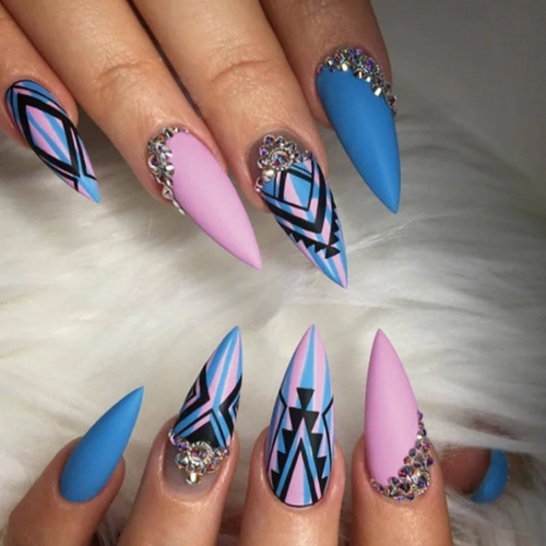 Pink & Blue Nails with Black Abstract Design & Rhinestones