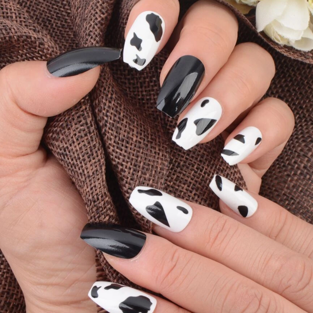 Megan | Coffin Black Cow Print Nails