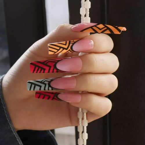 2xl multicolor french with zig zag line fake nails