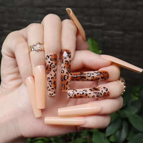 3xl leopard print square nude fake press on nails