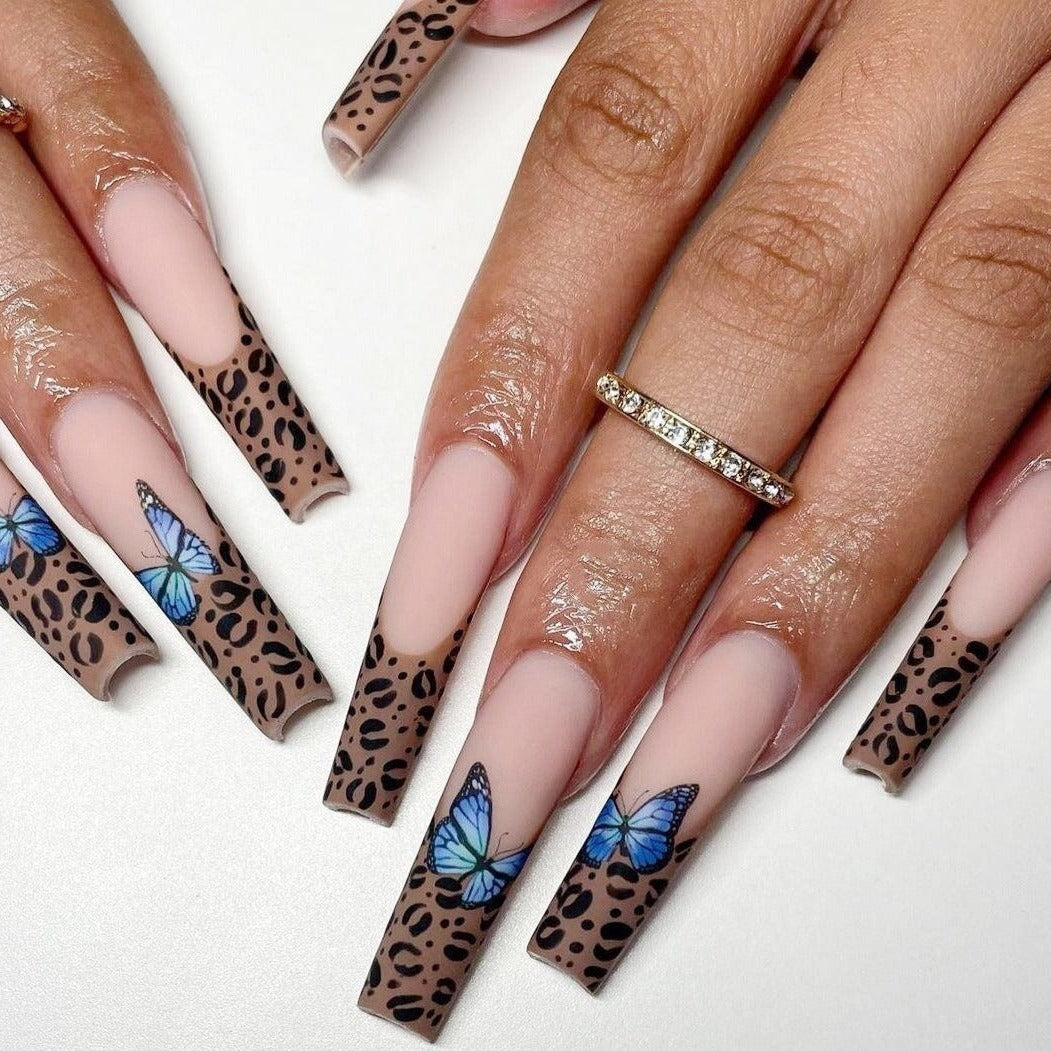 Leopard French with Butterflies Press On Nails - Panthera