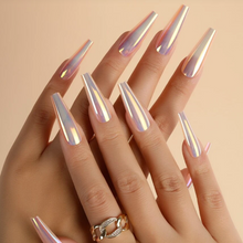 Load image into Gallery viewer, Peach Pink Holographic press on nails. long tapered coffin shiny holographic nails
