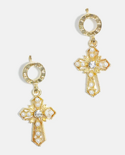 Load image into Gallery viewer, fashion gold and pearl embellished cross drop earrings. 
