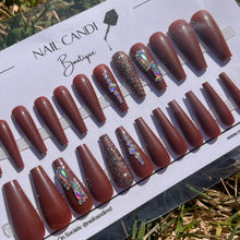 Load image into Gallery viewer, Long Brown Coffin Shape Nails with glitter and rhinestone accent nails. 
