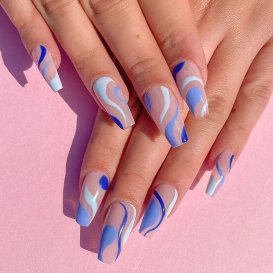 Nude light dark blue whirl pattern press on nails 